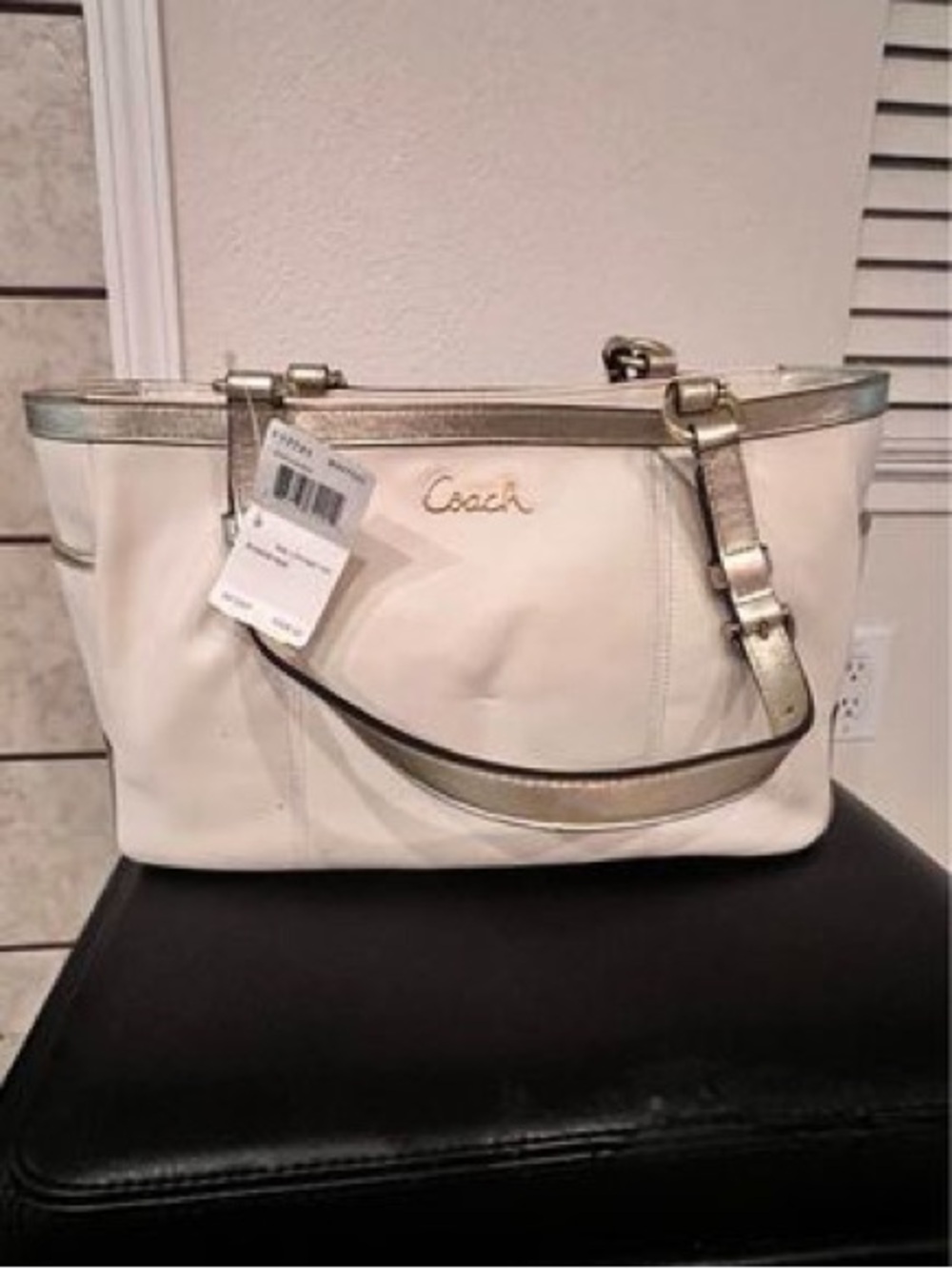 Coach Cream Leather Tote with Metallic Gold Trim